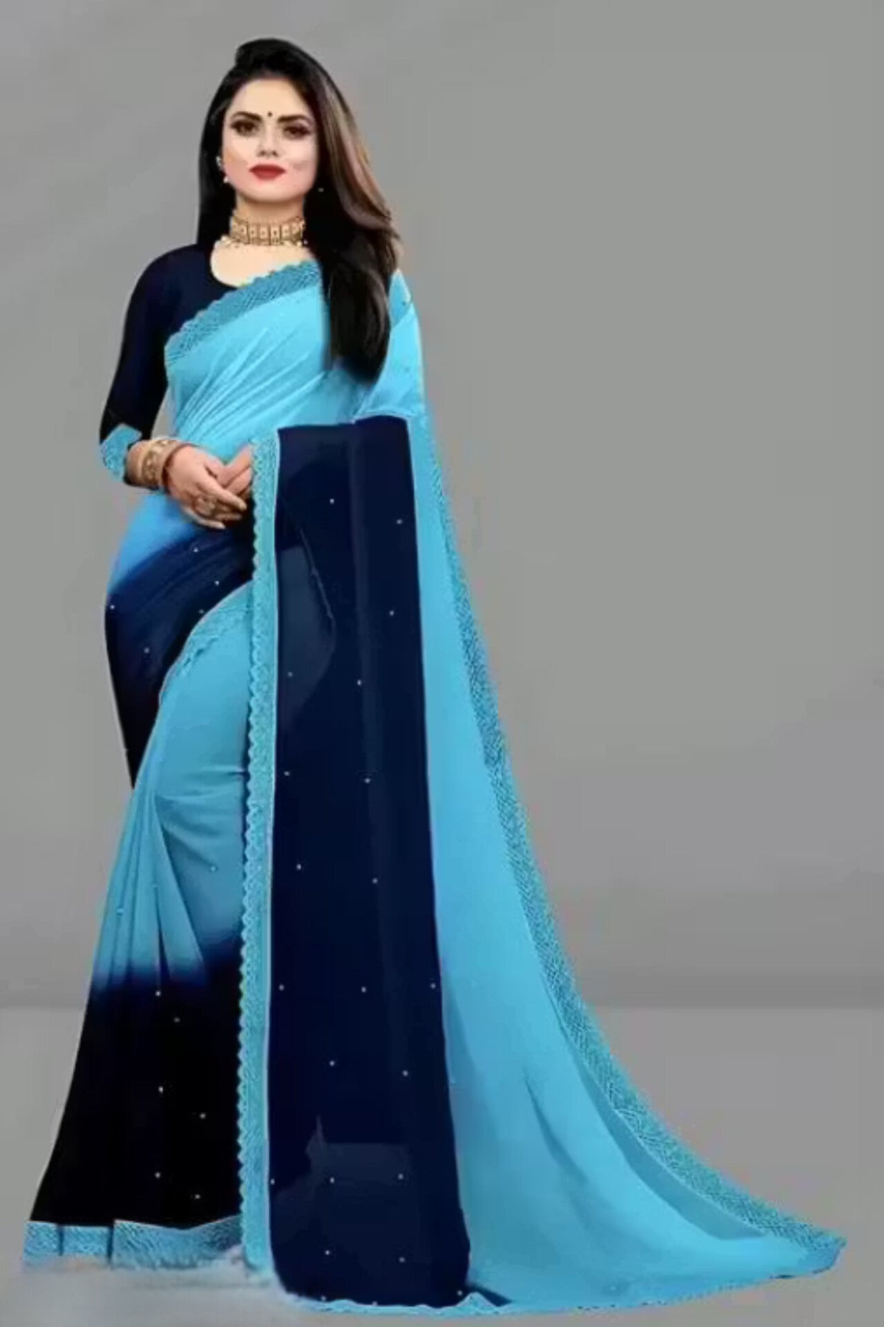 Beautiful Firozi Georgette Embroidered Saree β¨