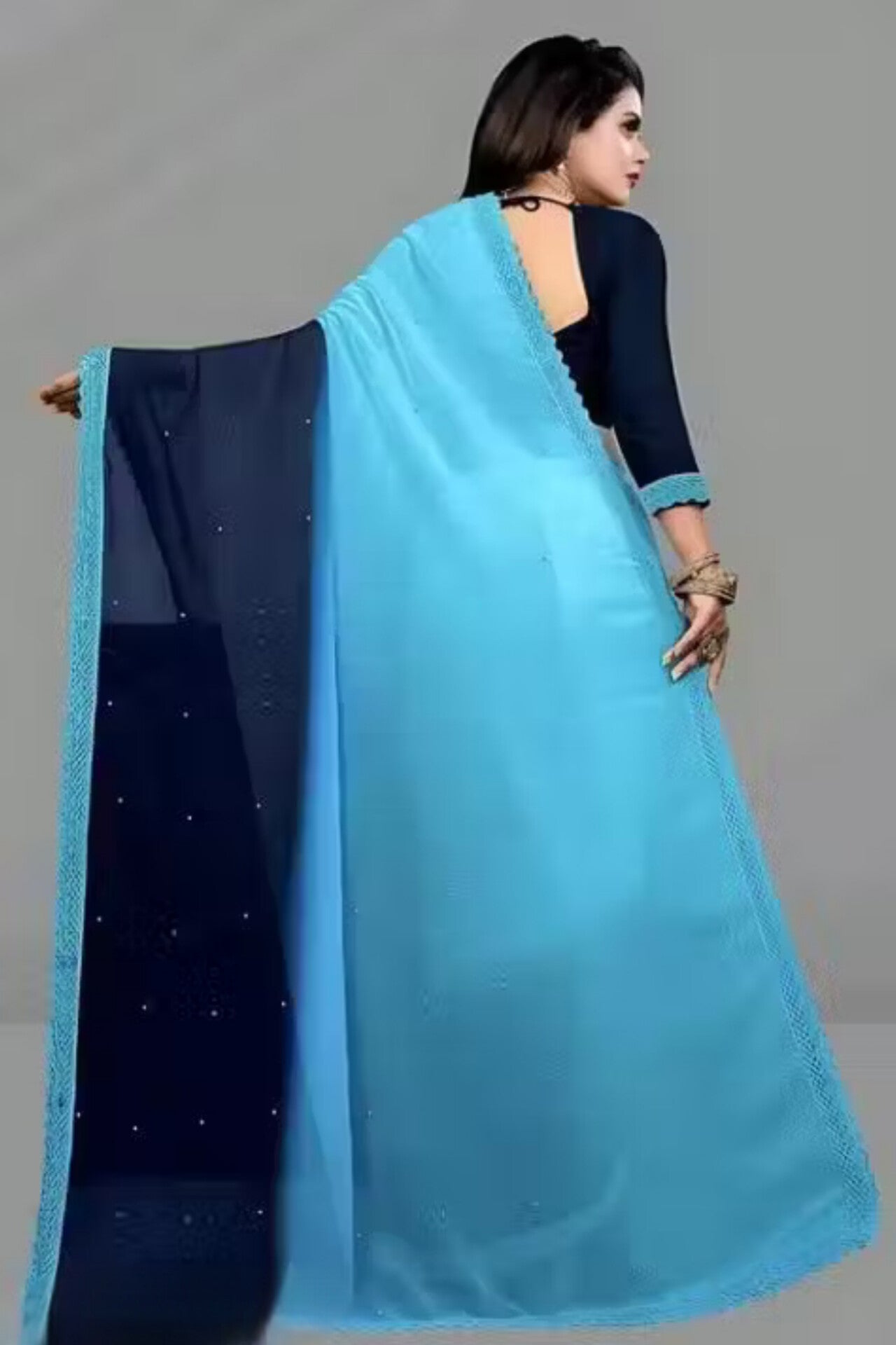 Beautiful Firozi Georgette Embroidered Saree ✨